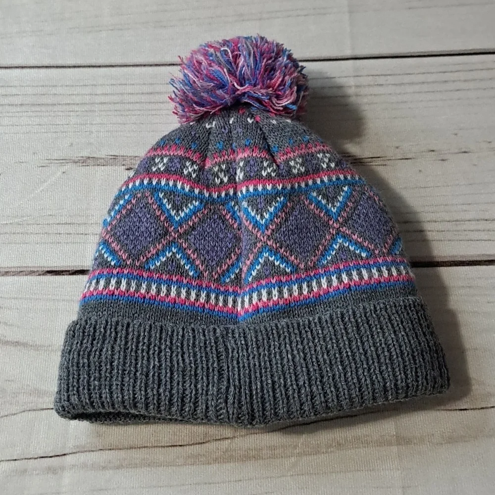 Rugged Bear Gray and Pink Kids Pom-Pom Beanie
